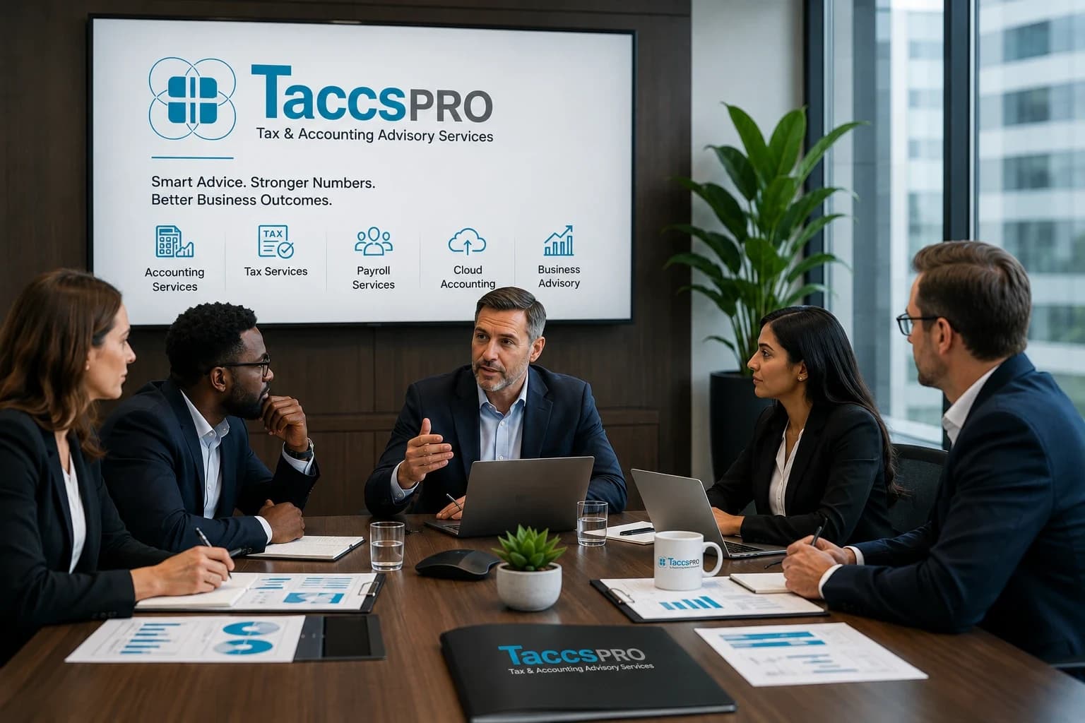 TACCSPRO advisors in a boardroom meeting, with the TACCSPRO logo on the presentation screen
